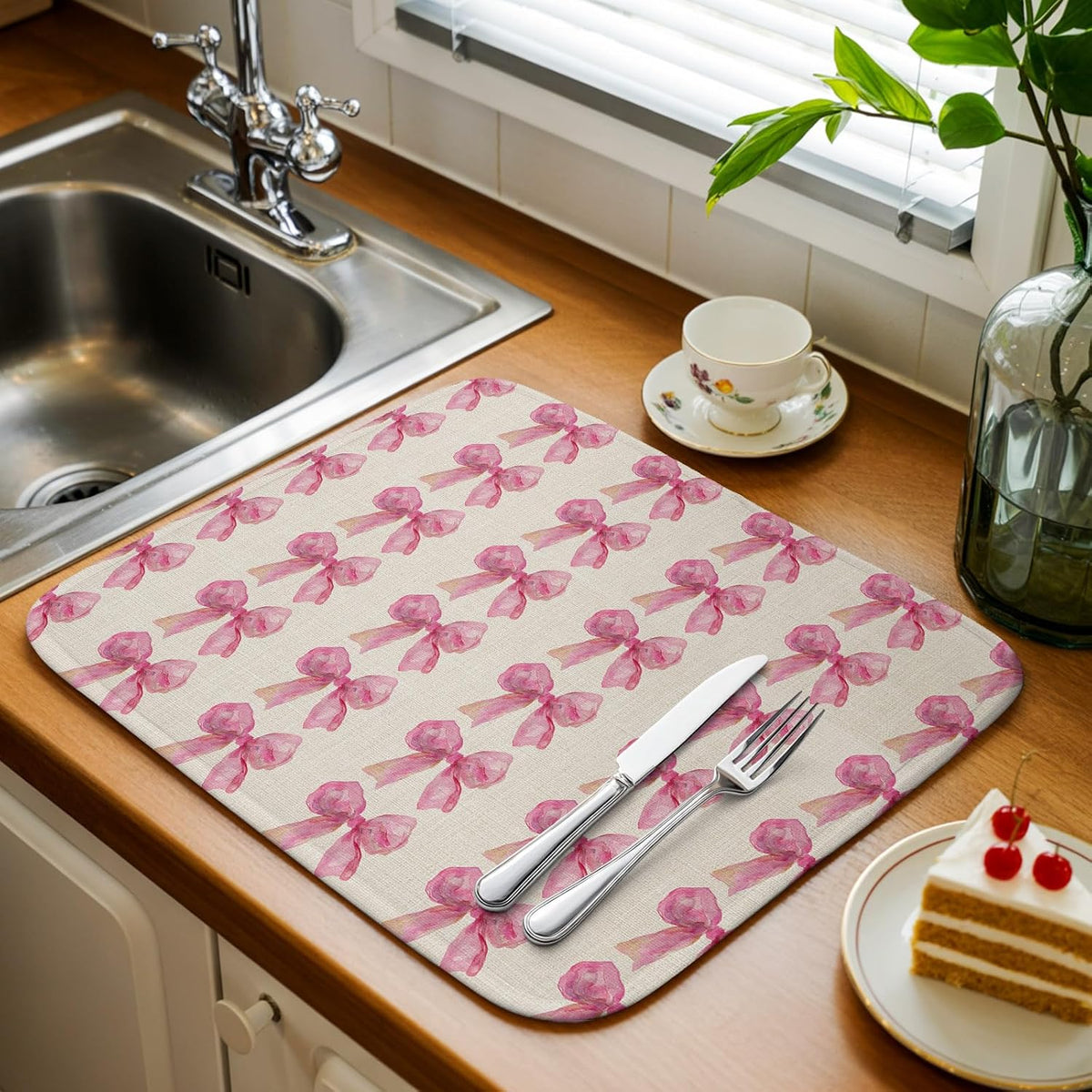 Dish Drying Mat Pink Bow Kitchen Counter Drying Pad for Dishes Glasses Cups and Cookware Linen Background Absorbent Dish Drying Mat Machine Washable Kitchen Accessories 16" x 18"