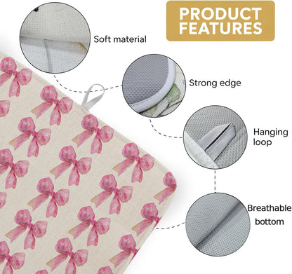 Dish Drying Mat Pink Bow Kitchen Counter Drying Pad for Dishes Glasses Cups and Cookware Linen Background Absorbent Dish Drying Mat Machine Washable Kitchen Accessories 16" x 18"