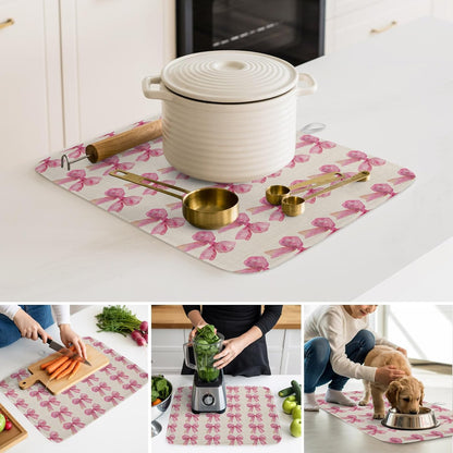 Dish Drying Mat Pink Bow Kitchen Counter Drying Pad for Dishes Glasses Cups and Cookware Linen Background Absorbent Dish Drying Mat Machine Washable Kitchen Accessories 16" x 18"