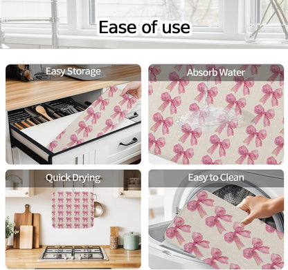 Dish Drying Mat Pink Bow Kitchen Counter Drying Pad for Dishes Glasses Cups and Cookware Linen Background Absorbent Dish Drying Mat Machine Washable Kitchen Accessories 16" x 18"