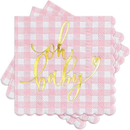 RUSPEPA 50 Pcs Baby Shower Grid Napkin Paper, 3 Ply Disposable Pink with Gold Foil "Oh Baby" Text Deisgn Luncheon Cocktail Dinner Paper Napkins for New Born Party, 5 x 5 Inch, Pink