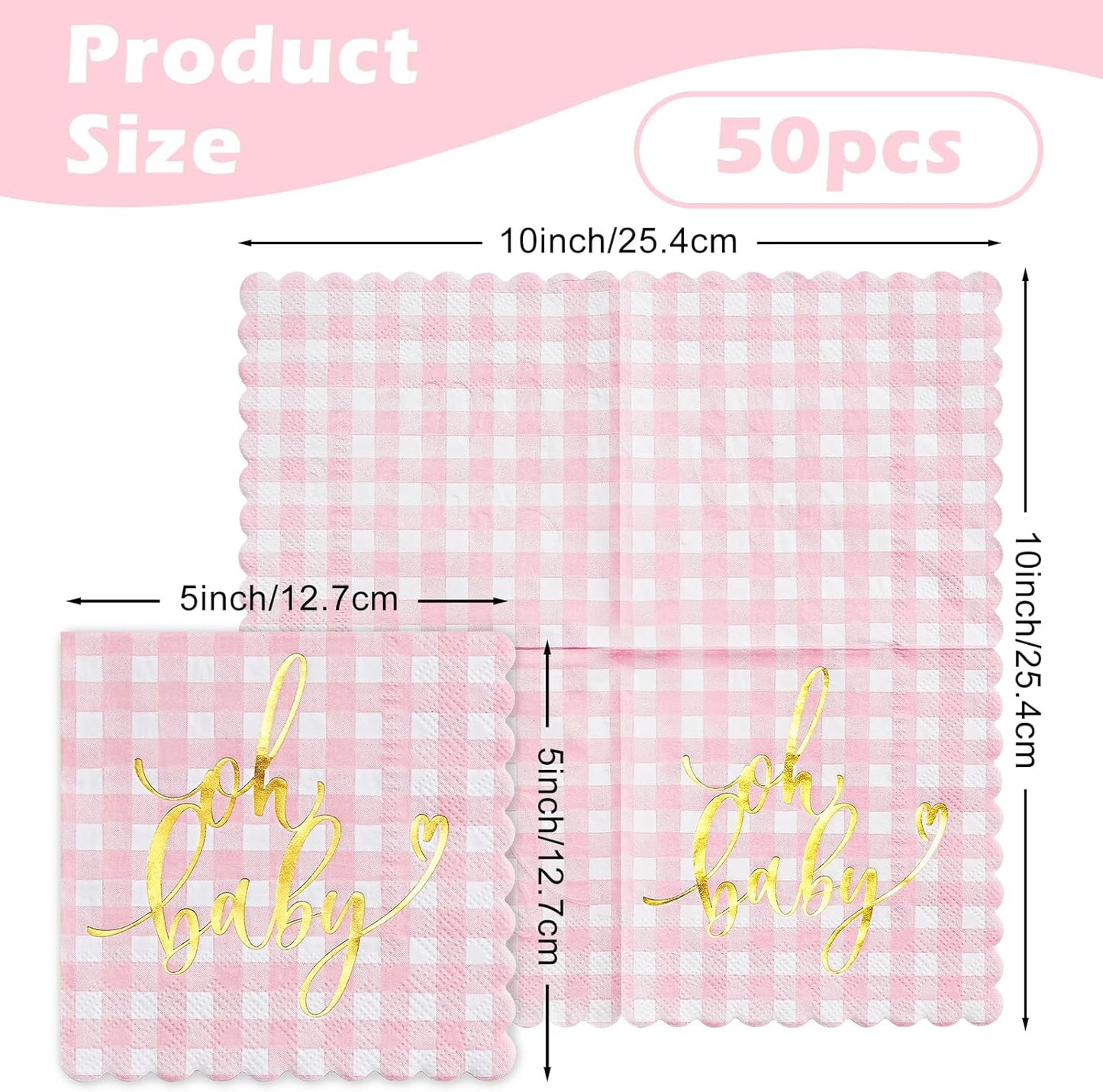 RUSPEPA 50 Pcs Baby Shower Grid Napkin Paper, 3 Ply Disposable Pink with Gold Foil "Oh Baby" Text Deisgn Luncheon Cocktail Dinner Paper Napkins for New Born Party, 5 x 5 Inch, Pink