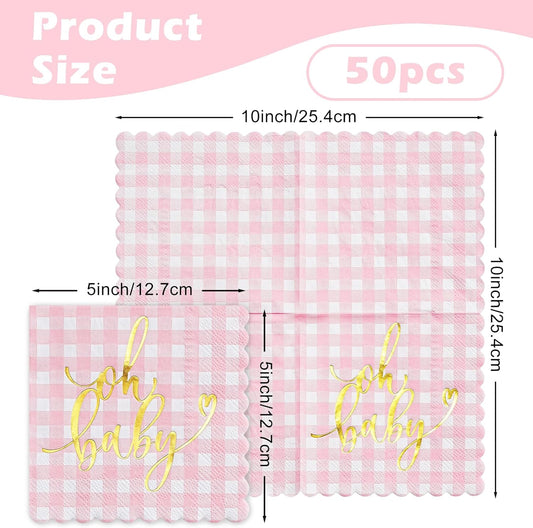 RUSPEPA 50 Pcs Baby Shower Grid Napkin Paper, 3 Ply Disposable Pink with Gold Foil "Oh Baby" Text Deisgn Luncheon Cocktail Dinner Paper Napkins for New Born Party, 5 x 5 Inch, Pink