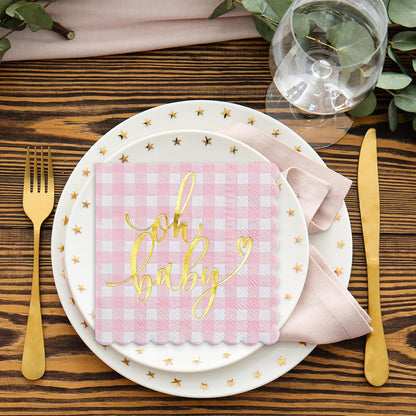 RUSPEPA 50 Pcs Baby Shower Grid Napkin Paper, 3 Ply Disposable Pink with Gold Foil "Oh Baby" Text Deisgn Luncheon Cocktail Dinner Paper Napkins for New Born Party, 5 x 5 Inch, Pink