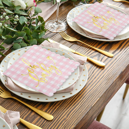RUSPEPA 50 Pcs Baby Shower Grid Napkin Paper, 3 Ply Disposable Pink with Gold Foil "Oh Baby" Text Deisgn Luncheon Cocktail Dinner Paper Napkins for New Born Party, 5 x 5 Inch, Pink