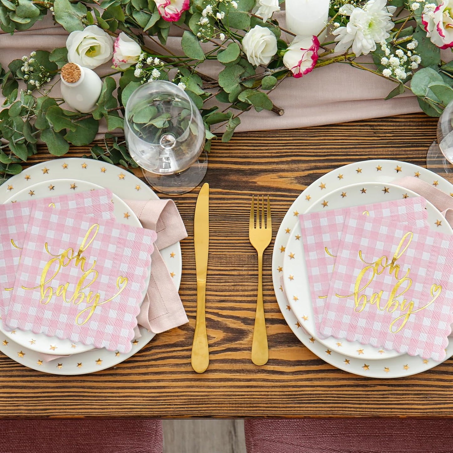 RUSPEPA 50 Pcs Baby Shower Grid Napkin Paper, 3 Ply Disposable Pink with Gold Foil "Oh Baby" Text Deisgn Luncheon Cocktail Dinner Paper Napkins for New Born Party, 5 x 5 Inch, Pink