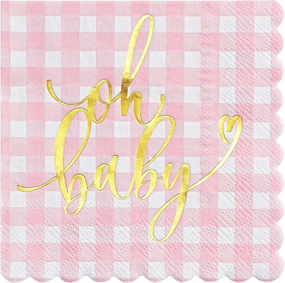 RUSPEPA 50 Pcs Baby Shower Grid Napkin Paper, 3 Ply Disposable Pink with Gold Foil "Oh Baby" Text Deisgn Luncheon Cocktail Dinner Paper Napkins for New Born Party, 5 x 5 Inch, Pink