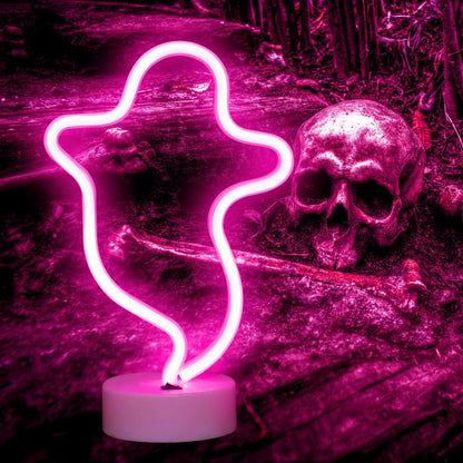 Ghost Neon Lights Halloween Decorations, LED Spooky Neon Signs(Pink)