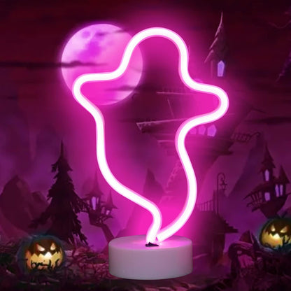 Ghost Neon Lights Halloween Decorations, LED Spooky Neon Signs(Pink)