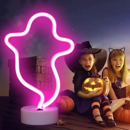 Ghost Neon Lights Halloween Decorations, LED Spooky Neon Signs(Pink)