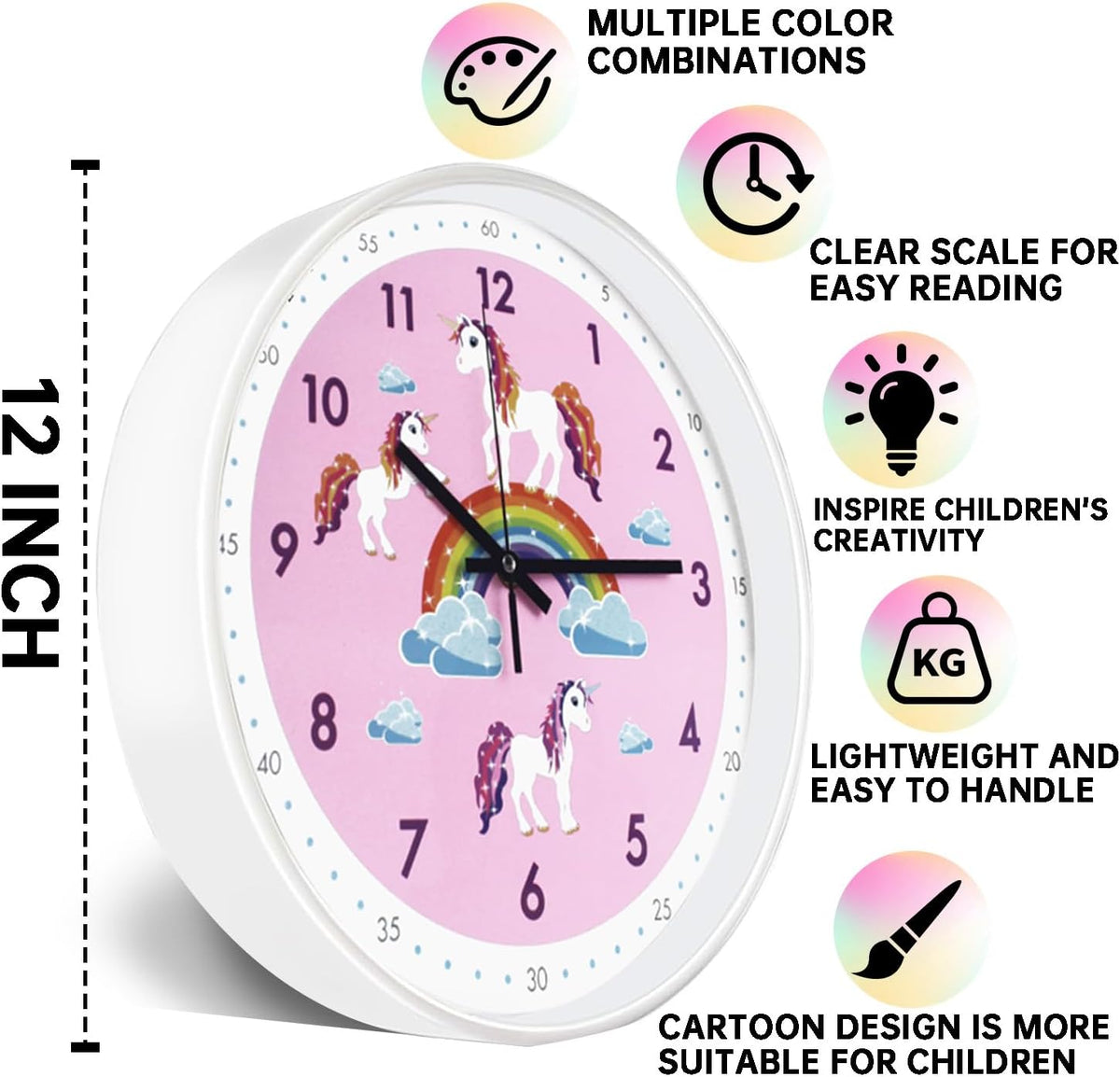 Pink Wall Clock,Silent Non Ticking Children's Décor Quiet Clocks for Kids Room,Office,School,Bedroom,Kitchen,Classroom (12 inch Pink)