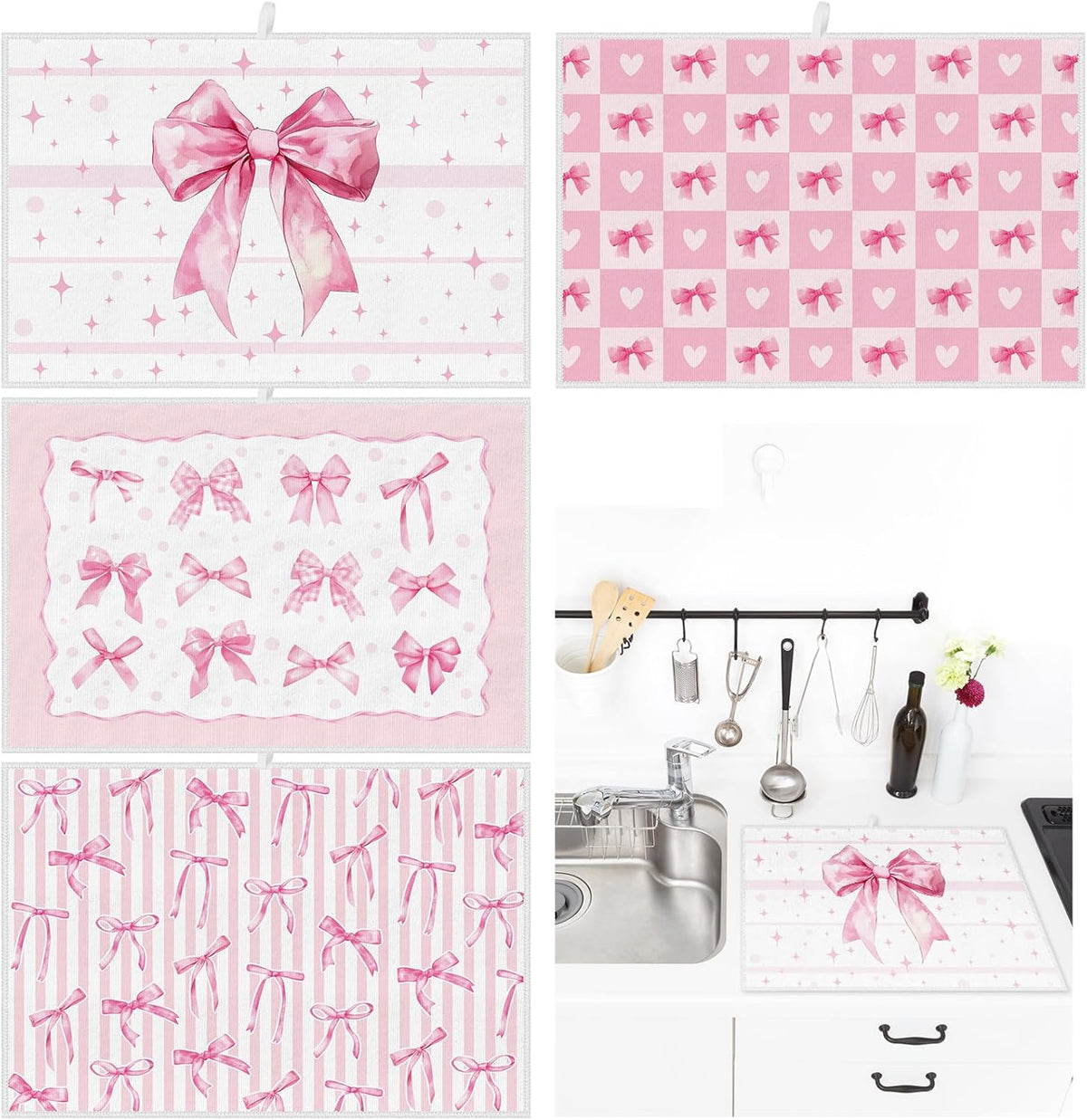 4 Pcs Pink Bow Dish Drying Mats for Kitchen 24"x 16" Aesthetic Pink Bowknot Microfiber Absorbent Washable Drainer Mat for Women Counter Home Decoration Accessories Gifts