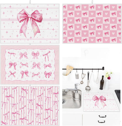 4 Pcs Pink Bow Dish Drying Mats for Kitchen 24"x 16" Aesthetic Pink Bowknot Microfiber Absorbent Washable Drainer Mat for Women Counter Home Decoration Accessories Gifts