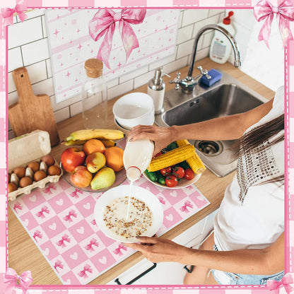 4 Pcs Pink Bow Dish Drying Mats for Kitchen 24"x 16" Aesthetic Pink Bowknot Microfiber Absorbent Washable Drainer Mat for Women Counter Home Decoration Accessories Gifts