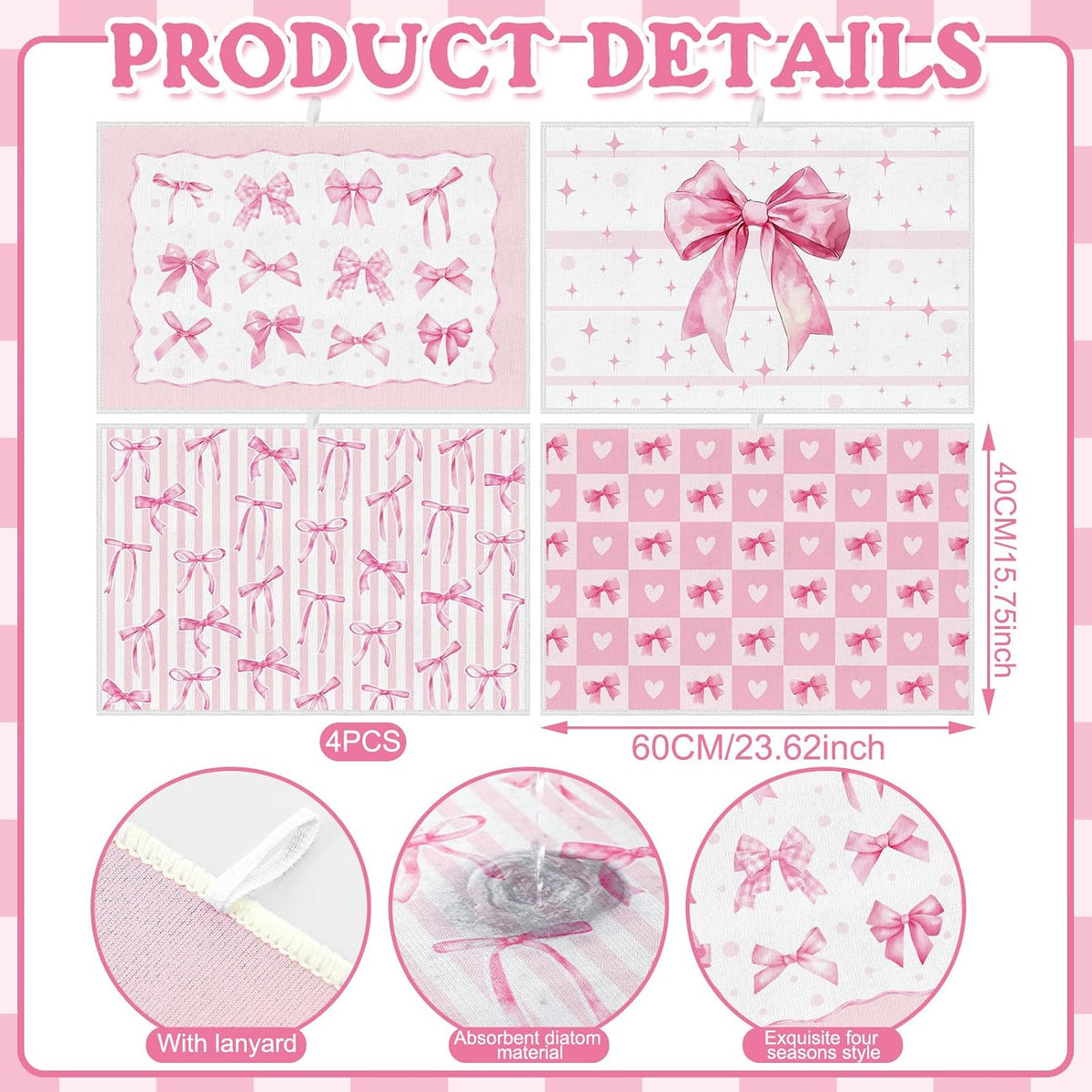 4 Pcs Pink Bow Dish Drying Mats for Kitchen 24"x 16" Aesthetic Pink Bowknot Microfiber Absorbent Washable Drainer Mat for Women Counter Home Decoration Accessories Gifts