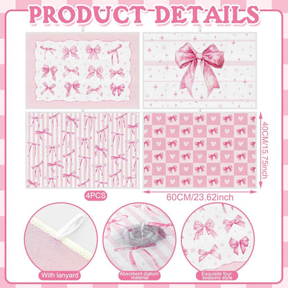 4 Pcs Pink Bow Dish Drying Mats for Kitchen 24"x 16" Aesthetic Pink Bowknot Microfiber Absorbent Washable Drainer Mat for Women Counter Home Decoration Accessories Gifts