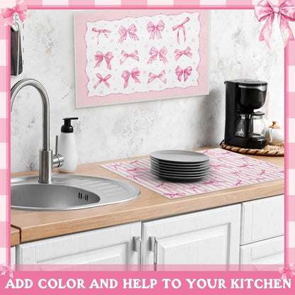 4 Pcs Pink Bow Dish Drying Mats for Kitchen 24"x 16" Aesthetic Pink Bowknot Microfiber Absorbent Washable Drainer Mat for Women Counter Home Decoration Accessories Gifts