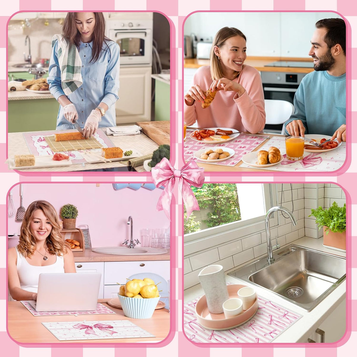 4 Pcs Pink Bow Dish Drying Mats for Kitchen 24"x 16" Aesthetic Pink Bowknot Microfiber Absorbent Washable Drainer Mat for Women Counter Home Decoration Accessories Gifts