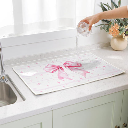 4 Pcs Pink Bow Dish Drying Mats for Kitchen 24"x 16" Aesthetic Pink Bowknot Microfiber Absorbent Washable Drainer Mat for Women Counter Home Decoration Accessories Gifts