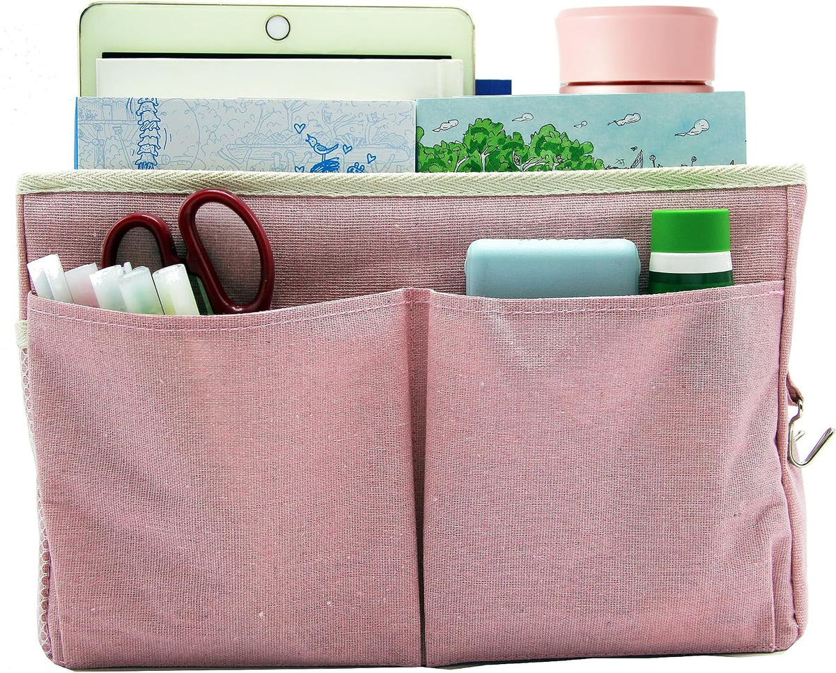 Bedside Caddy Bedside Hanging Storage Basket Multi-Function Organizer Caddy for Bunk and Hospital Beds College Dorms Bed Rails, The Magazine Holders Can be Placed Glasses Books Mobile Phones(Pink)