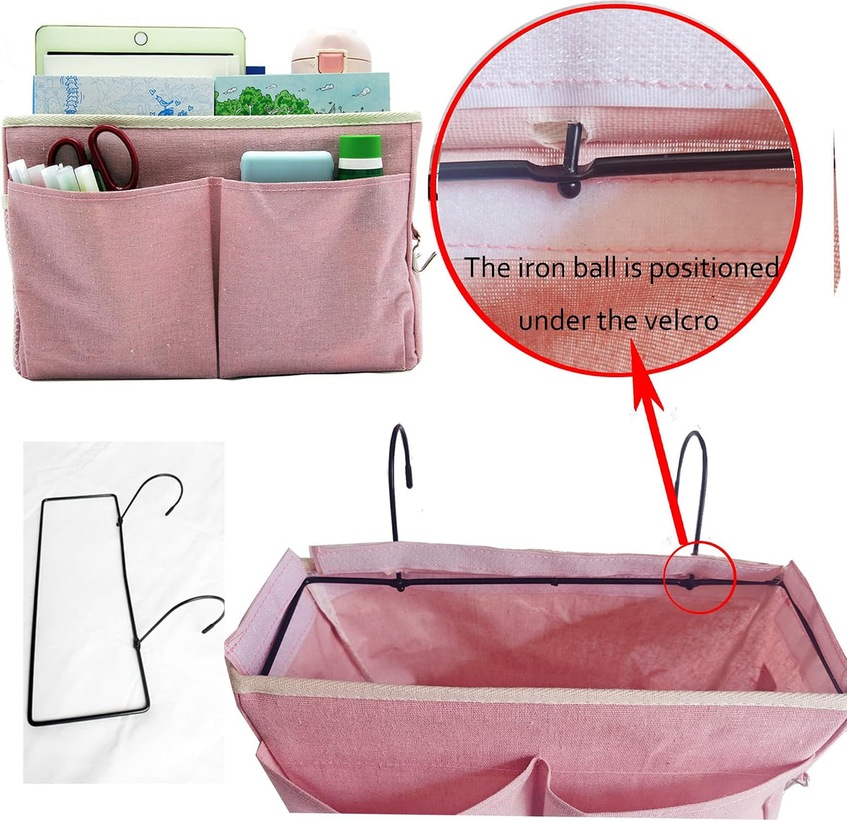 Bedside Caddy Bedside Hanging Storage Basket Multi-Function Organizer Caddy for Bunk and Hospital Beds College Dorms Bed Rails, The Magazine Holders Can be Placed Glasses Books Mobile Phones(Pink)