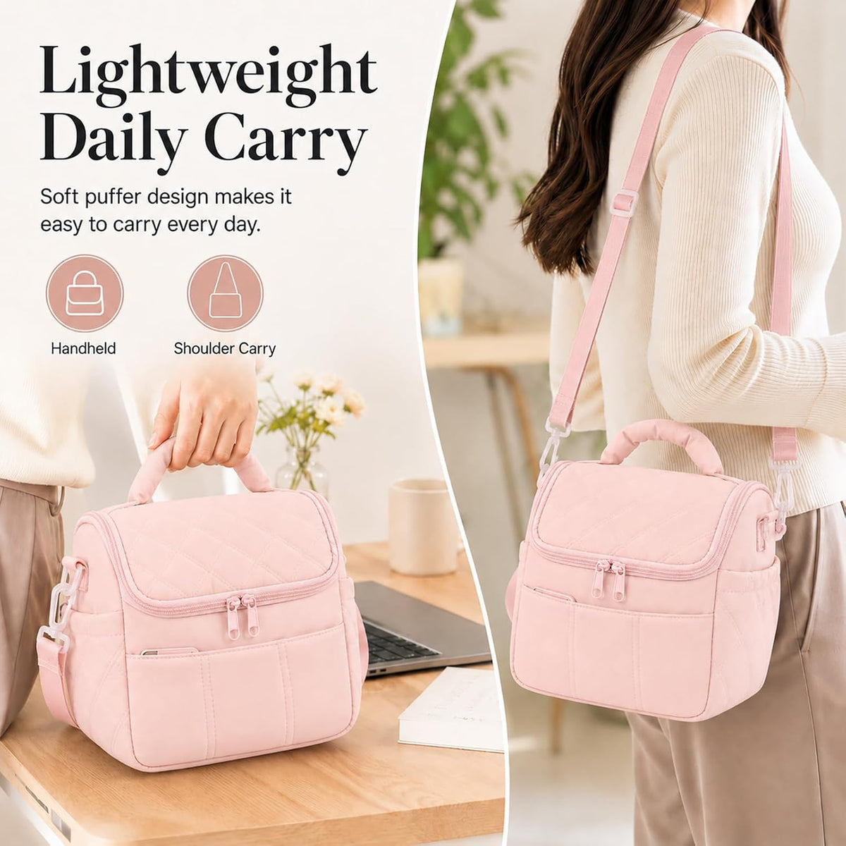 Lunch Bag for Women Insulated Pink Lunch Box Quilted Puffer Lunch Tote