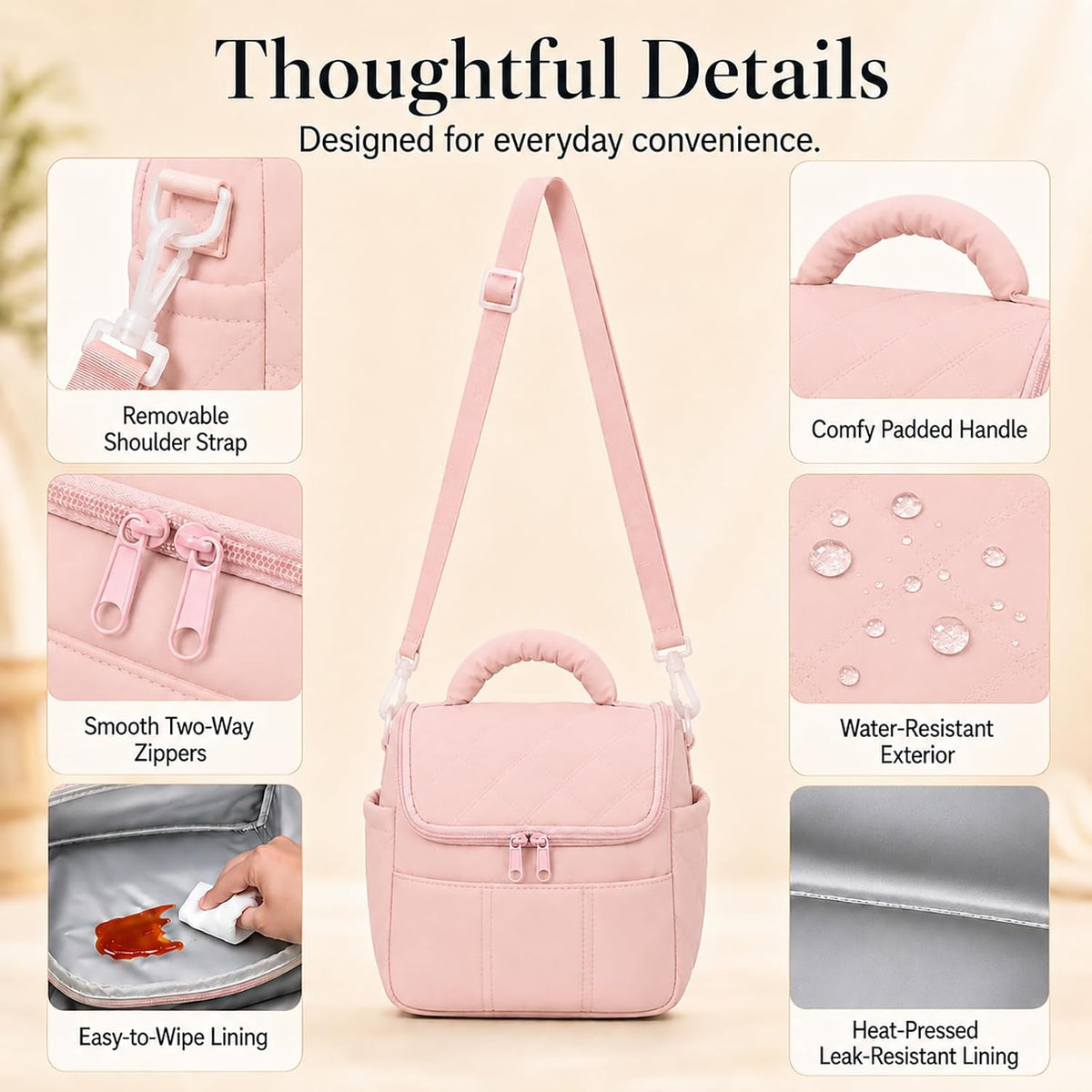 Lunch Bag for Women Insulated Pink Lunch Box Quilted Puffer Lunch Tote