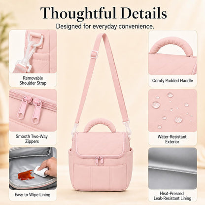 Lunch Bag for Women Insulated Pink Lunch Box Quilted Puffer Lunch Tote