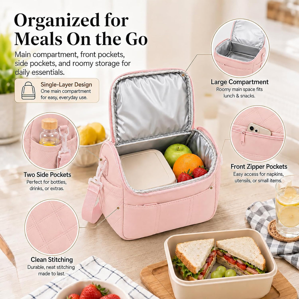 Lunch Bag for Women Insulated Pink Lunch Box Quilted Puffer Lunch Tote