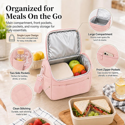 Lunch Bag for Women Insulated Pink Lunch Box Quilted Puffer Lunch Tote