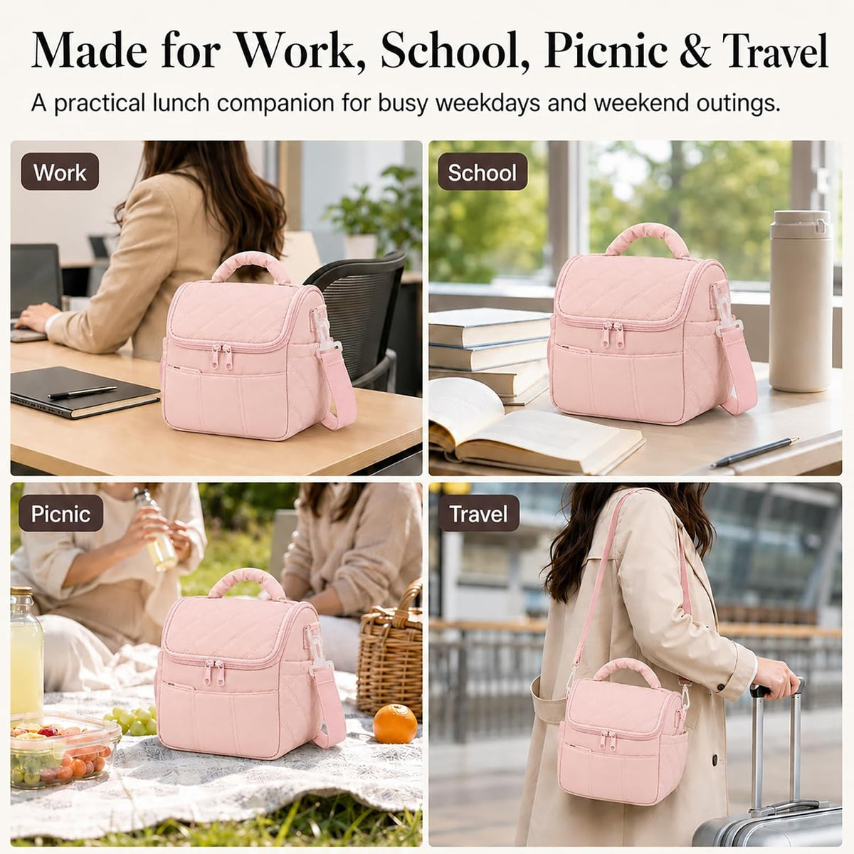 Lunch Bag for Women Insulated Pink Lunch Box Quilted Puffer Lunch Tote