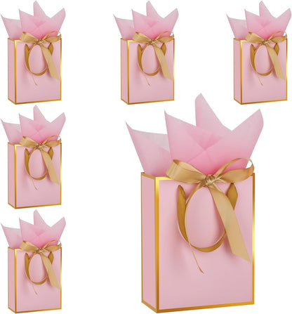 6 Pcs Thank You Gift Bags with Handles and Tissue Paper 9 x 7 x 3. 15'' Metallic Welcome Gift Bags with Bow Ribbon for Wedding Bridal Baby Shower Housewarming Birthday Party(Pink, Gold)