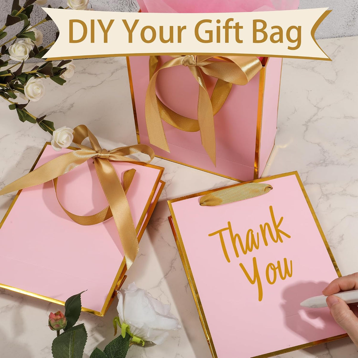 6 Pcs Thank You Gift Bags with Handles and Tissue Paper 9 x 7 x 3. 15'' Metallic Welcome Gift Bags with Bow Ribbon for Wedding Bridal Baby Shower Housewarming Birthday Party(Pink, Gold)