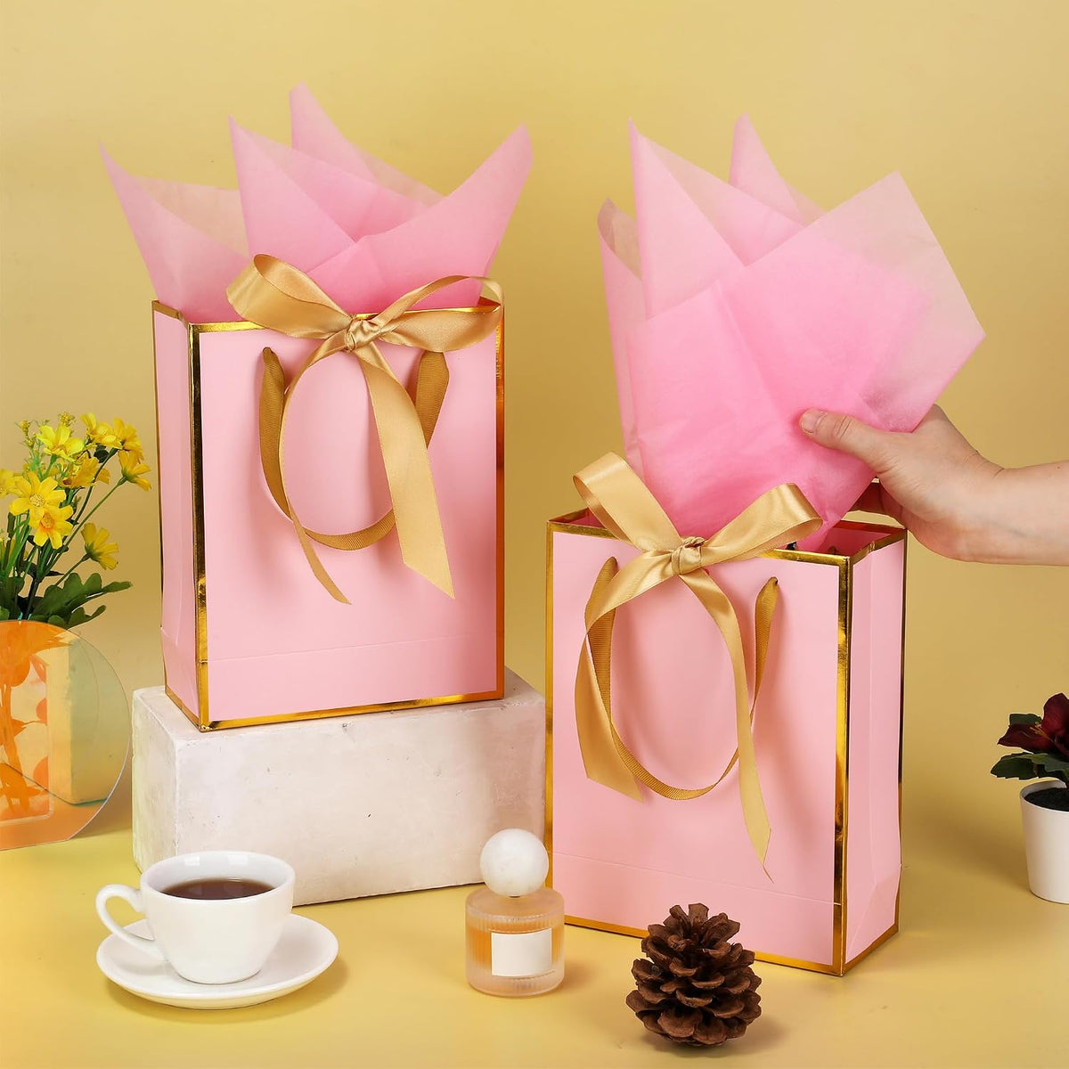 6 Pcs Thank You Gift Bags with Handles and Tissue Paper 9 x 7 x 3. 15'' Metallic Welcome Gift Bags with Bow Ribbon for Wedding Bridal Baby Shower Housewarming Birthday Party(Pink, Gold)