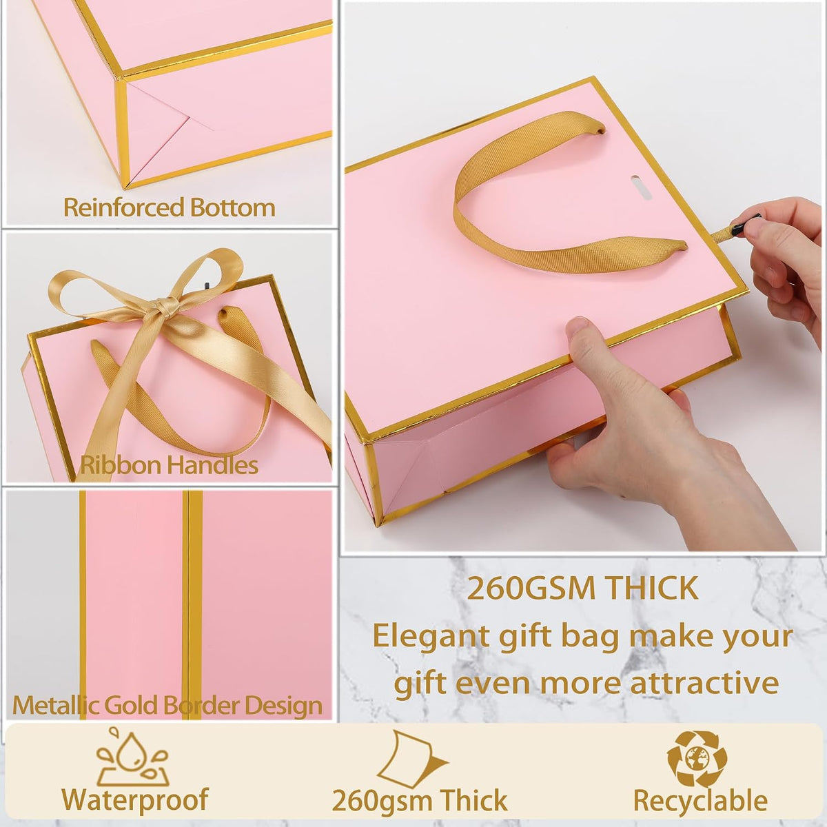 6 Pcs Thank You Gift Bags with Handles and Tissue Paper 9 x 7 x 3. 15'' Metallic Welcome Gift Bags with Bow Ribbon for Wedding Bridal Baby Shower Housewarming Birthday Party(Pink, Gold)