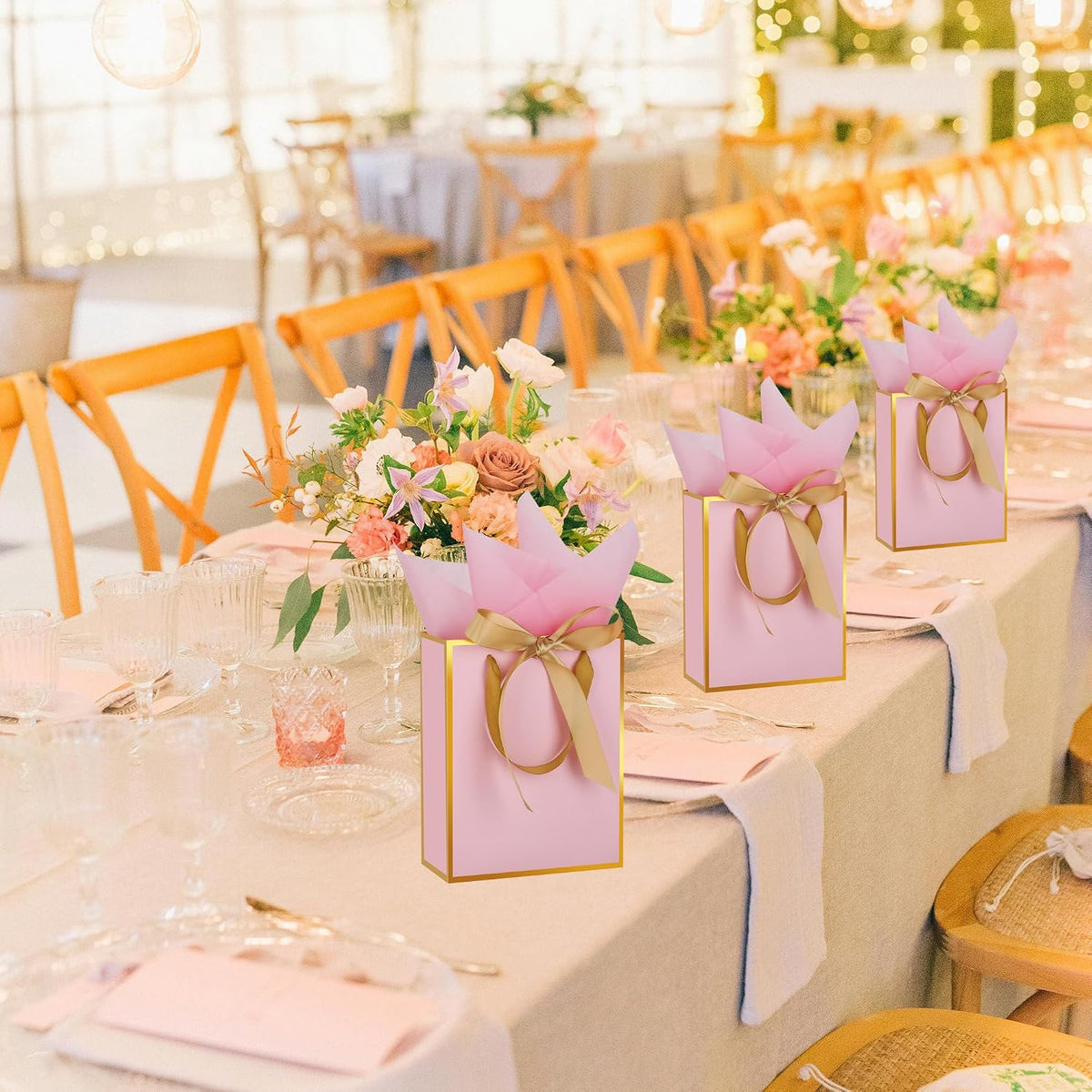6 Pcs Thank You Gift Bags with Handles and Tissue Paper 9 x 7 x 3. 15'' Metallic Welcome Gift Bags with Bow Ribbon for Wedding Bridal Baby Shower Housewarming Birthday Party(Pink, Gold)