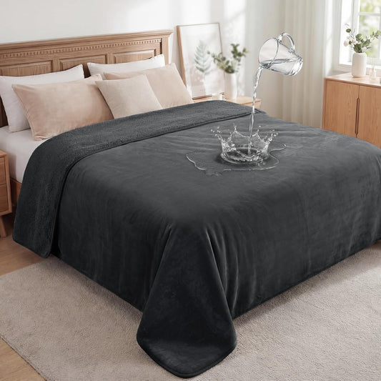 LOOBANI Waterproof Blanket for Bed Couch Sofa, 60" x 80" Reversible Flannel Sherpa Fleece Throw Blanket, Leakproof Soft Twin XL Bed Blanket, Spill-Proof Dog Cat Blanket for Travel Camping - Grey