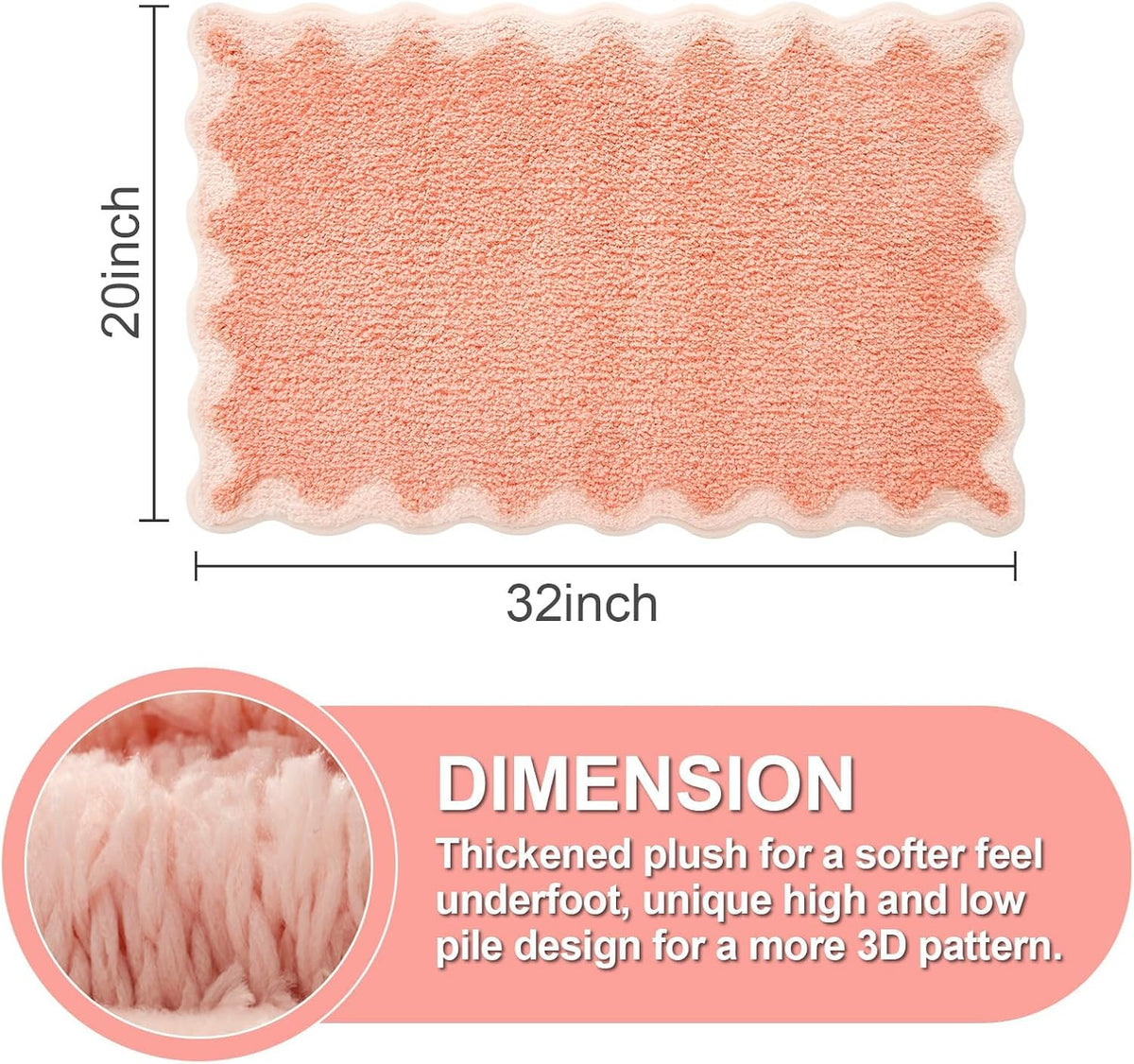 Cute Coral Pink Scalloped Bath Mat, Fun Plush Microfiber Scallop Bathroom Rugs Non Slip Washable Quick Dry Absorbent, Bath Rug Carpet for Shower Stall Vanities Kitchen Floor Entrance, 20x32