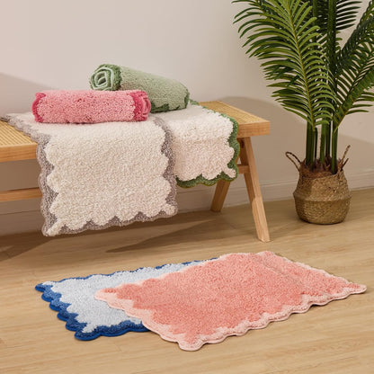 Cute Coral Pink Scalloped Bath Mat, Fun Plush Microfiber Scallop Bathroom Rugs Non Slip Washable Quick Dry Absorbent, Bath Rug Carpet for Shower Stall Vanities Kitchen Floor Entrance, 20x32