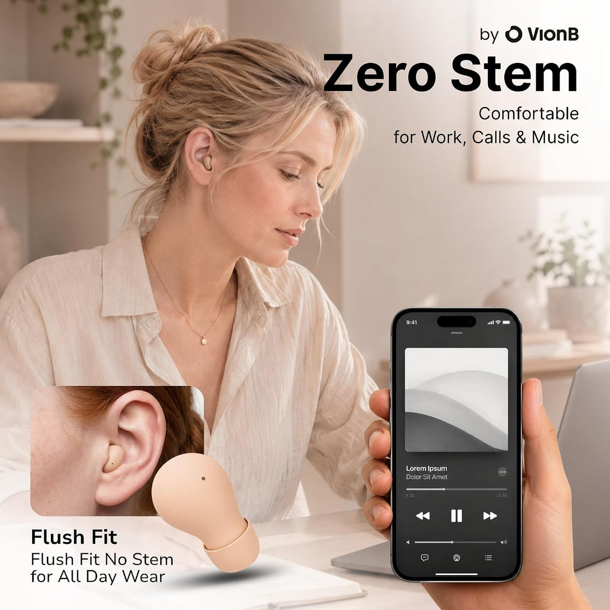 Air Skin Tones Invisible Earbuds for Small Ears - Wireless Bluetooth 5.4, Skin-Matching Mini Stemless Ear Buds, IPX5 Waterproof, Crystal Clear Calls (Bare Peach)