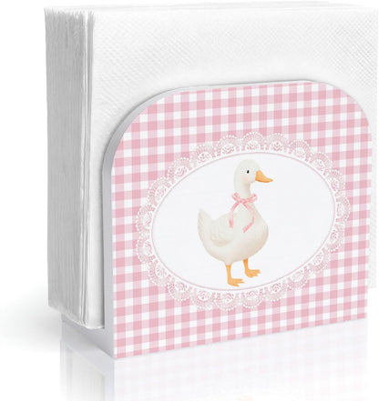 Pink Gingham Plaid Goose Wood Napkin Holder for Table, Coquette Bow Goose Checkered Wooden Standing Napkin Dispenser for Home Kitchen Dining Room Party Cafe Bar Decorations