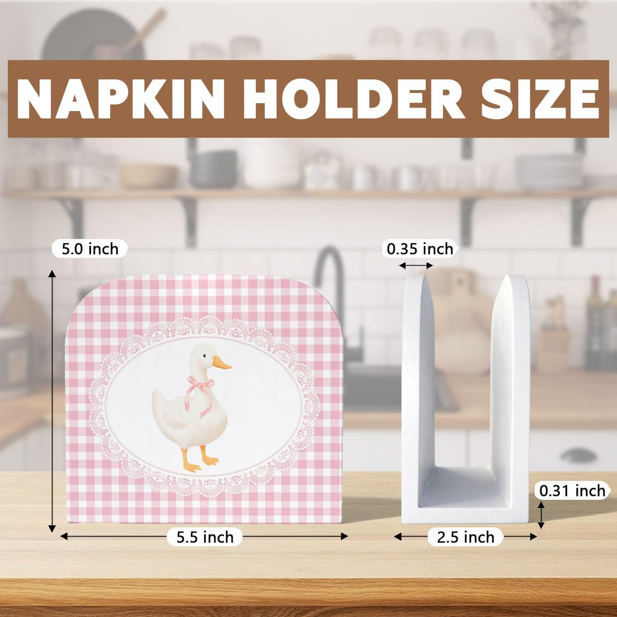 Pink Gingham Plaid Goose Wood Napkin Holder for Table, Coquette Bow Goose Checkered Wooden Standing Napkin Dispenser for Home Kitchen Dining Room Party Cafe Bar Decorations