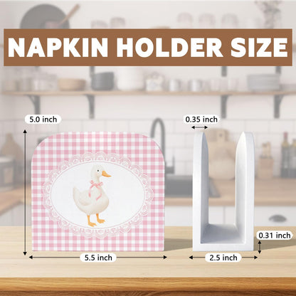 Pink Gingham Plaid Goose Wood Napkin Holder for Table, Coquette Bow Goose Checkered Wooden Standing Napkin Dispenser for Home Kitchen Dining Room Party Cafe Bar Decorations