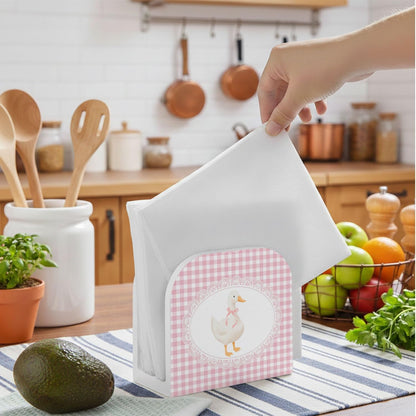 Pink Gingham Plaid Goose Wood Napkin Holder for Table, Coquette Bow Goose Checkered Wooden Standing Napkin Dispenser for Home Kitchen Dining Room Party Cafe Bar Decorations