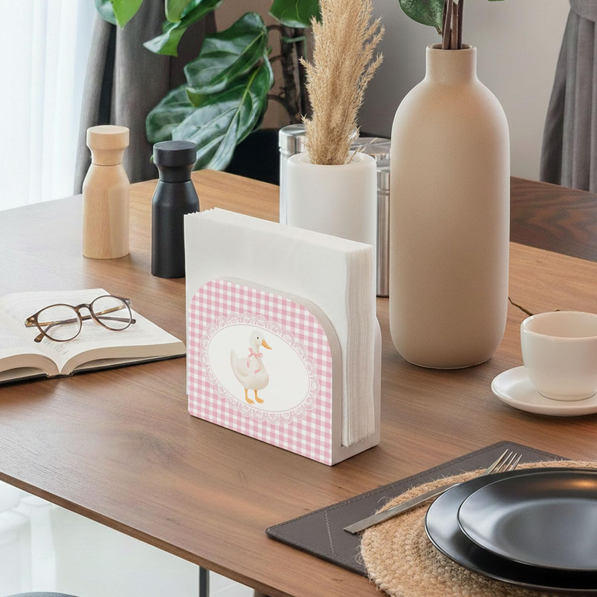 Pink Gingham Plaid Goose Wood Napkin Holder for Table, Coquette Bow Goose Checkered Wooden Standing Napkin Dispenser for Home Kitchen Dining Room Party Cafe Bar Decorations