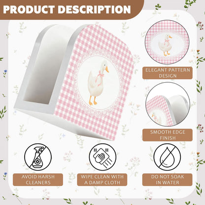 Pink Gingham Plaid Goose Wood Napkin Holder for Table, Coquette Bow Goose Checkered Wooden Standing Napkin Dispenser for Home Kitchen Dining Room Party Cafe Bar Decorations