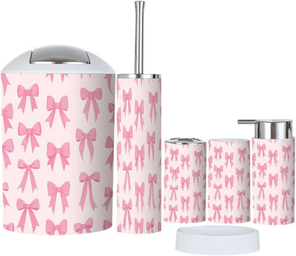 Bathroom Accessory Set 6 Piece Boho Cute Coquette Seamless Pattern Bow Delicate Pink Trendy Patterned Trash can, Toothbrush Holder, Soap Dispenser, Soap Dish, Toothbrush Cup, Toilet Brush Holder