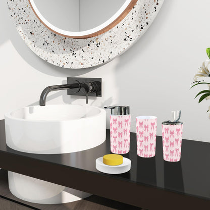Bathroom Accessory Set 6 Piece Boho Cute Coquette Seamless Pattern Bow Delicate Pink Trendy Patterned Trash can, Toothbrush Holder, Soap Dispenser, Soap Dish, Toothbrush Cup, Toilet Brush Holder