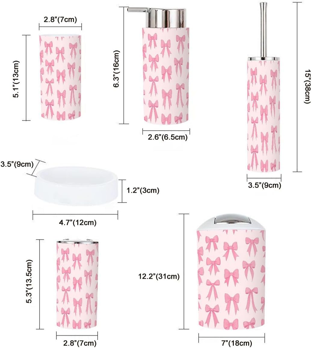 Bathroom Accessory Set 6 Piece Boho Cute Coquette Seamless Pattern Bow Delicate Pink Trendy Patterned Trash can, Toothbrush Holder, Soap Dispenser, Soap Dish, Toothbrush Cup, Toilet Brush Holder