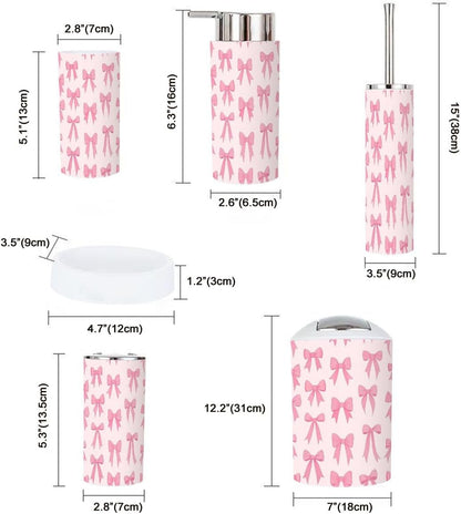 Bathroom Accessory Set 6 Piece Boho Cute Coquette Seamless Pattern Bow Delicate Pink Trendy Patterned Trash can, Toothbrush Holder, Soap Dispenser, Soap Dish, Toothbrush Cup, Toilet Brush Holder